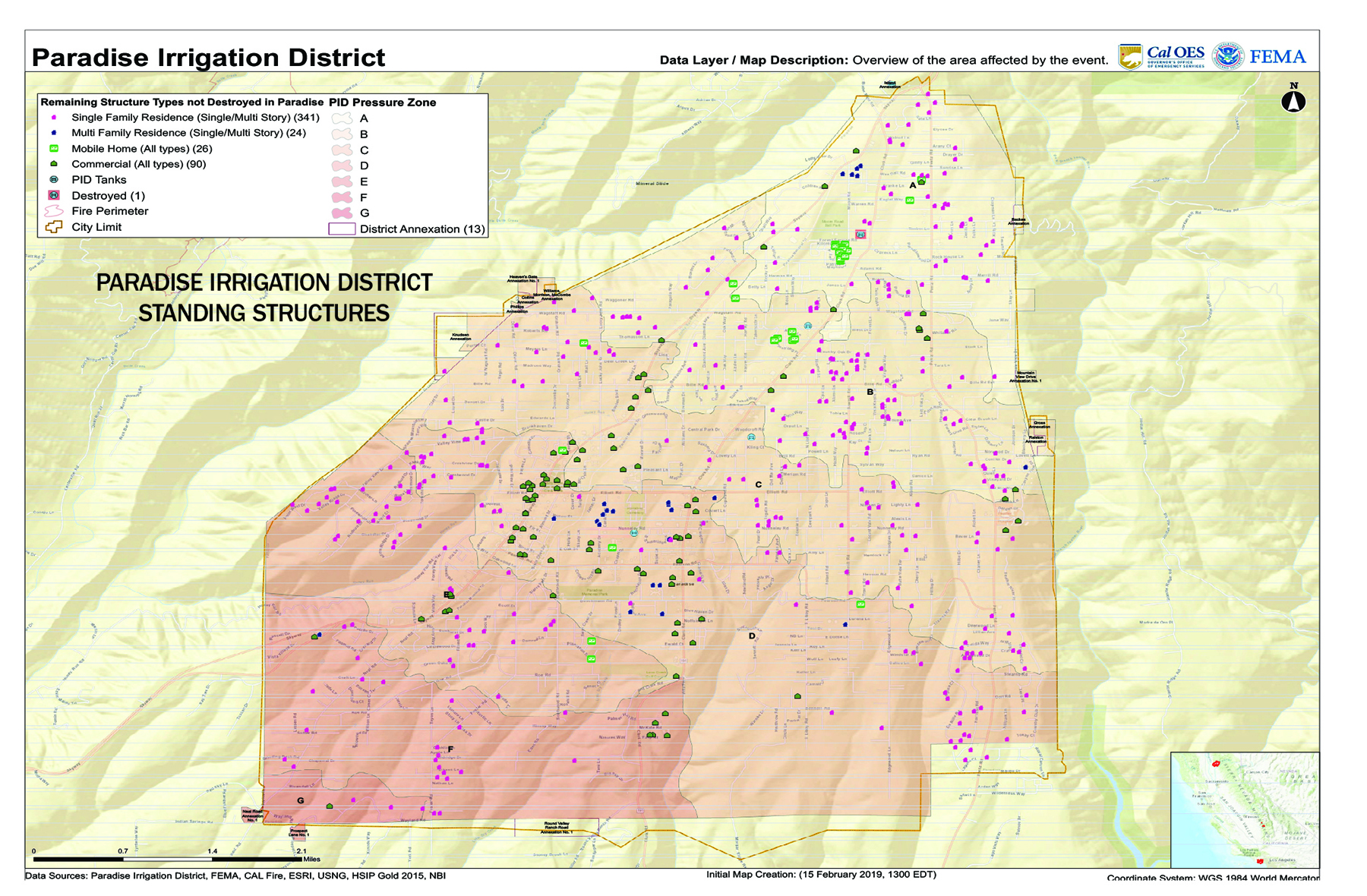map of the Paradise Irrigation District standing structures after the Nov. 2018 Camp Fire