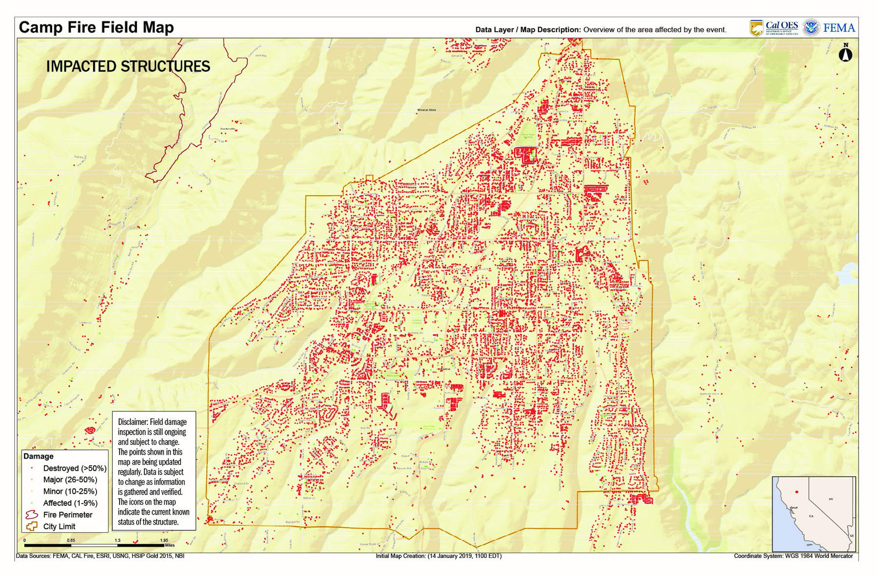 map of the impacted structures caused by the November 2018 Camp Fire in Paradise, California