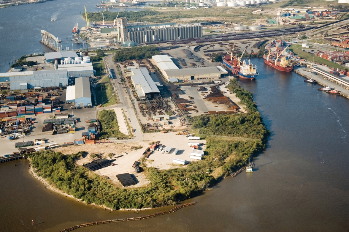 The Houston Ship Channel with two berthed ships
