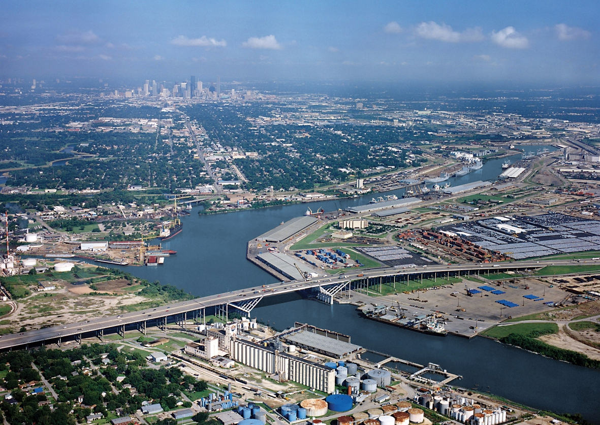 The main Houston Ship Channel is built up with infrastructure and other buildings on either side