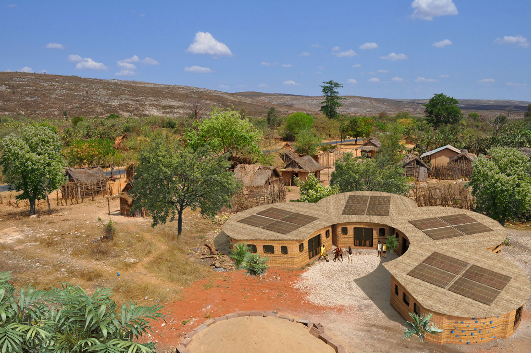 looking down at four circular modular huts that are linked together with solar panels on their roofs