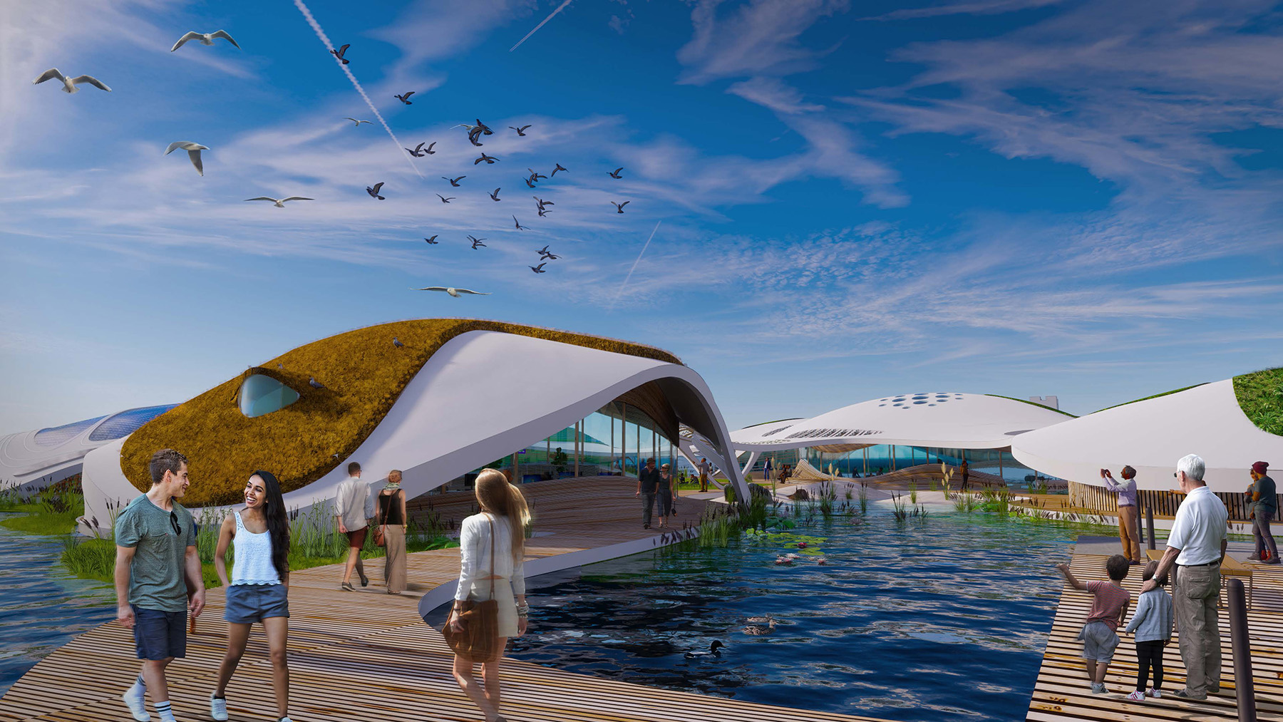 people walk on a floating boardwalk