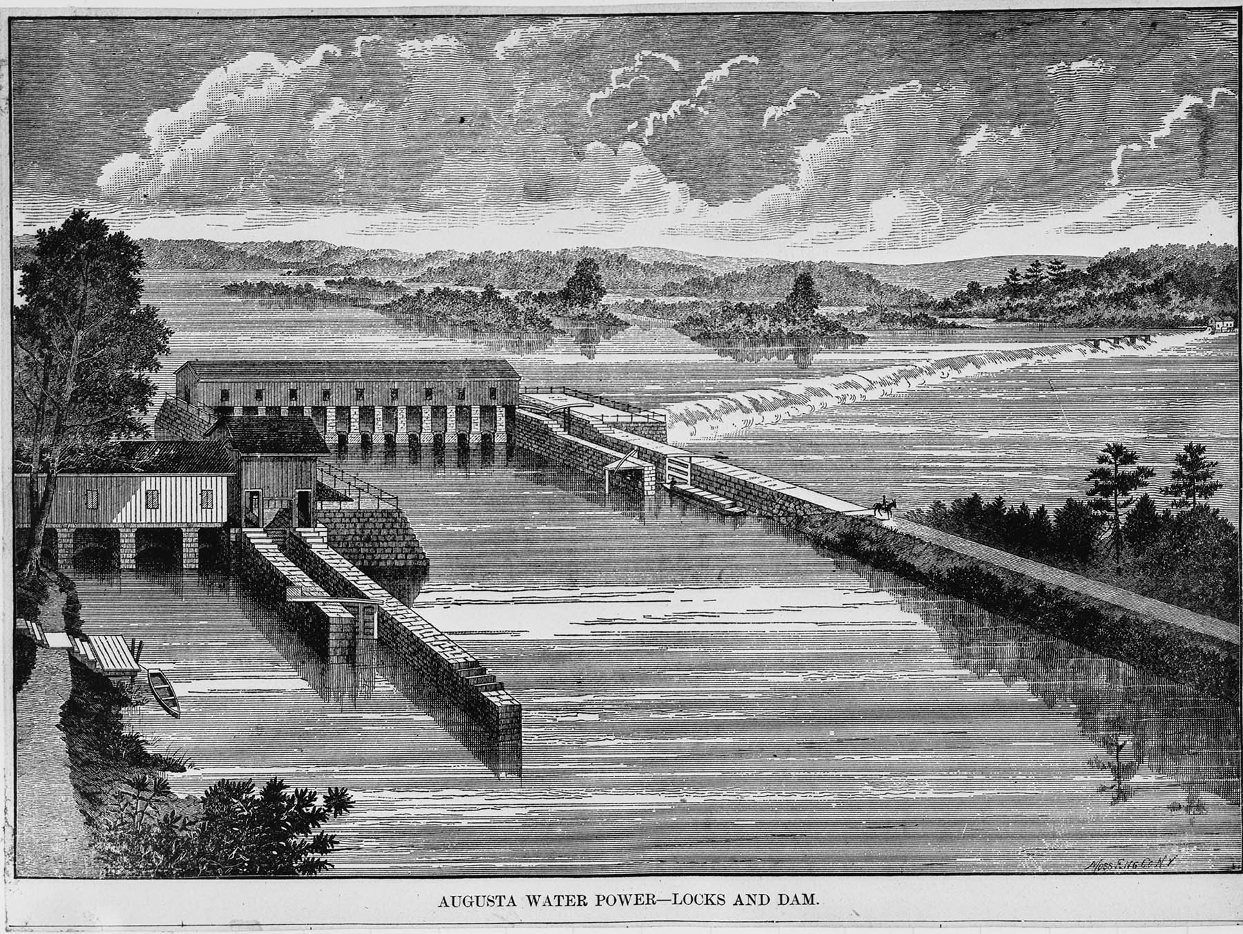 historic drawing of a wind dam on the Savannah River