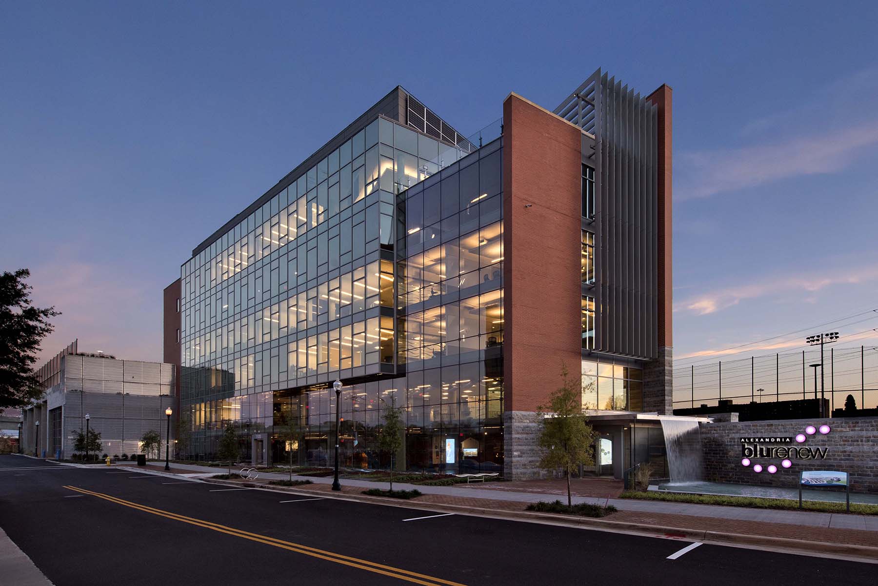 building at sunset