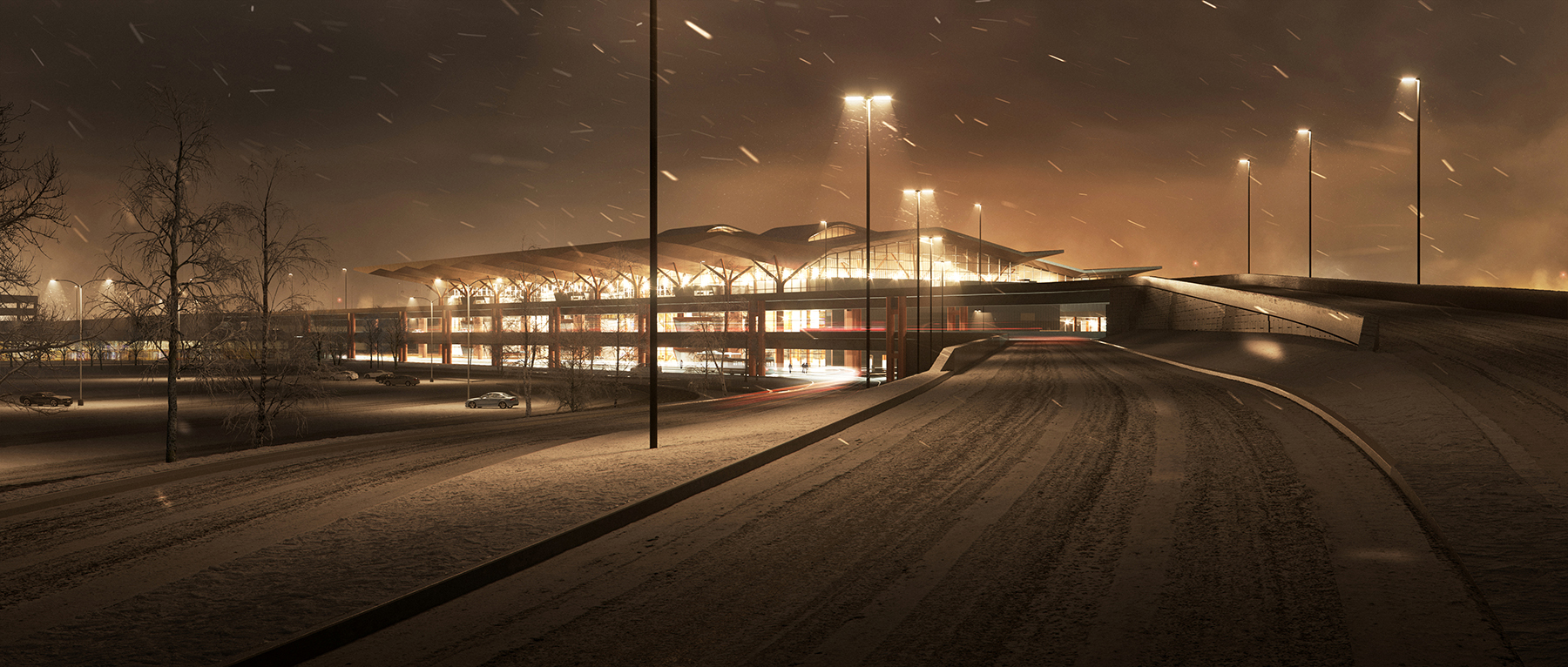 bridge and terminal in a snowstorm at night