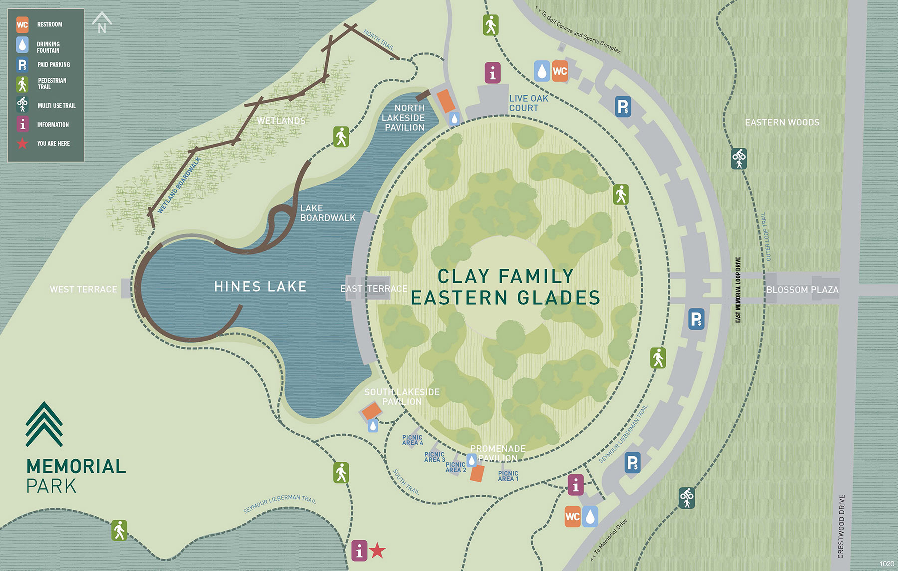 map of the eastern glades showing the lake, greenspaces, pavilion and boardwalk