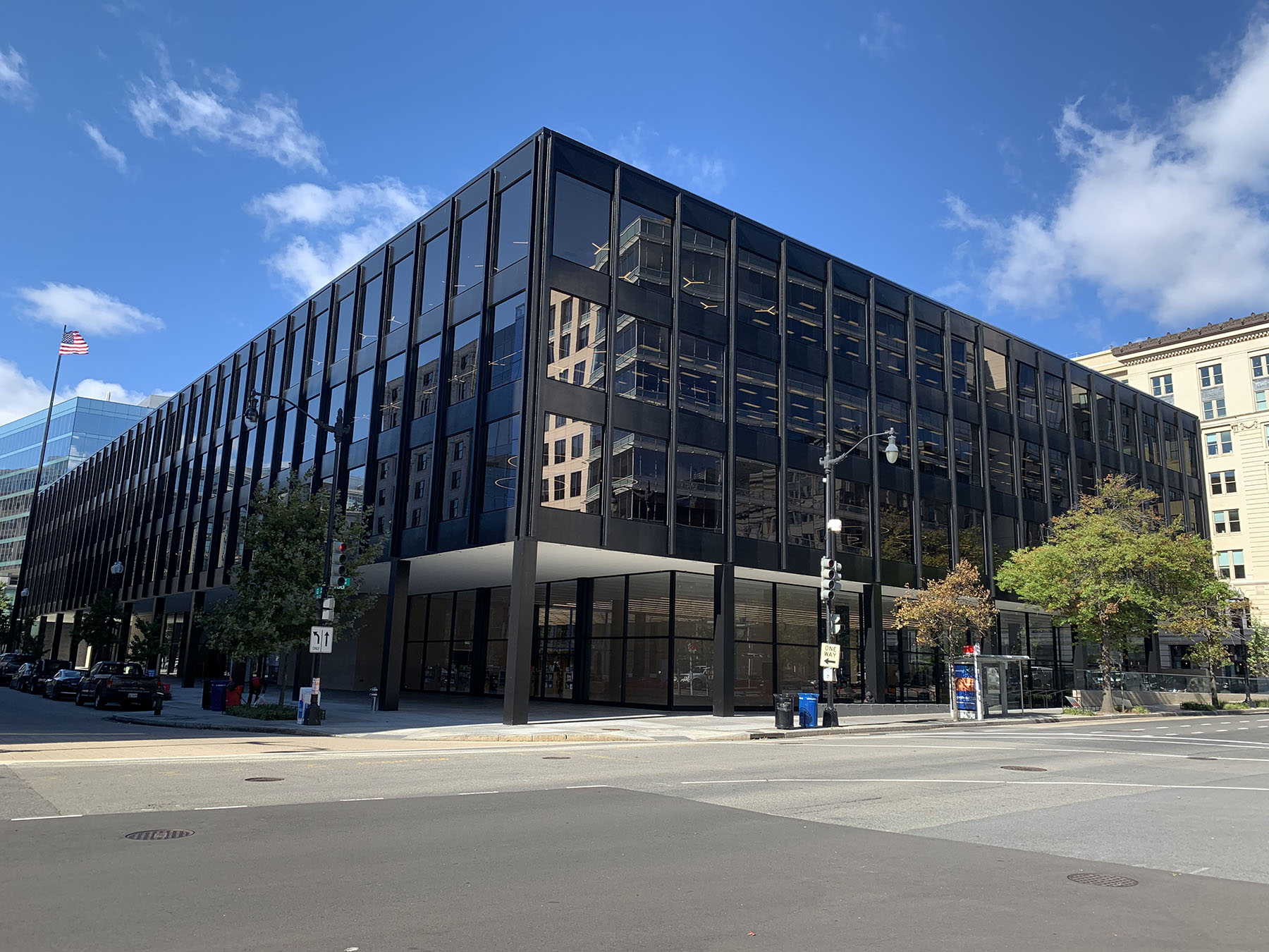 black clad multi story library