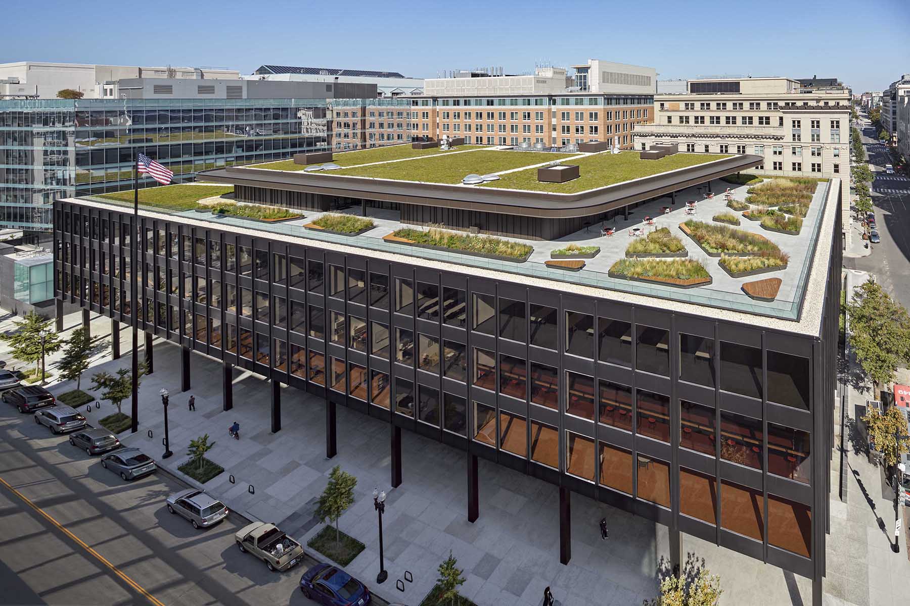 exterior shot of the MLK Library showing the various levels of the building including the rooftop deck 