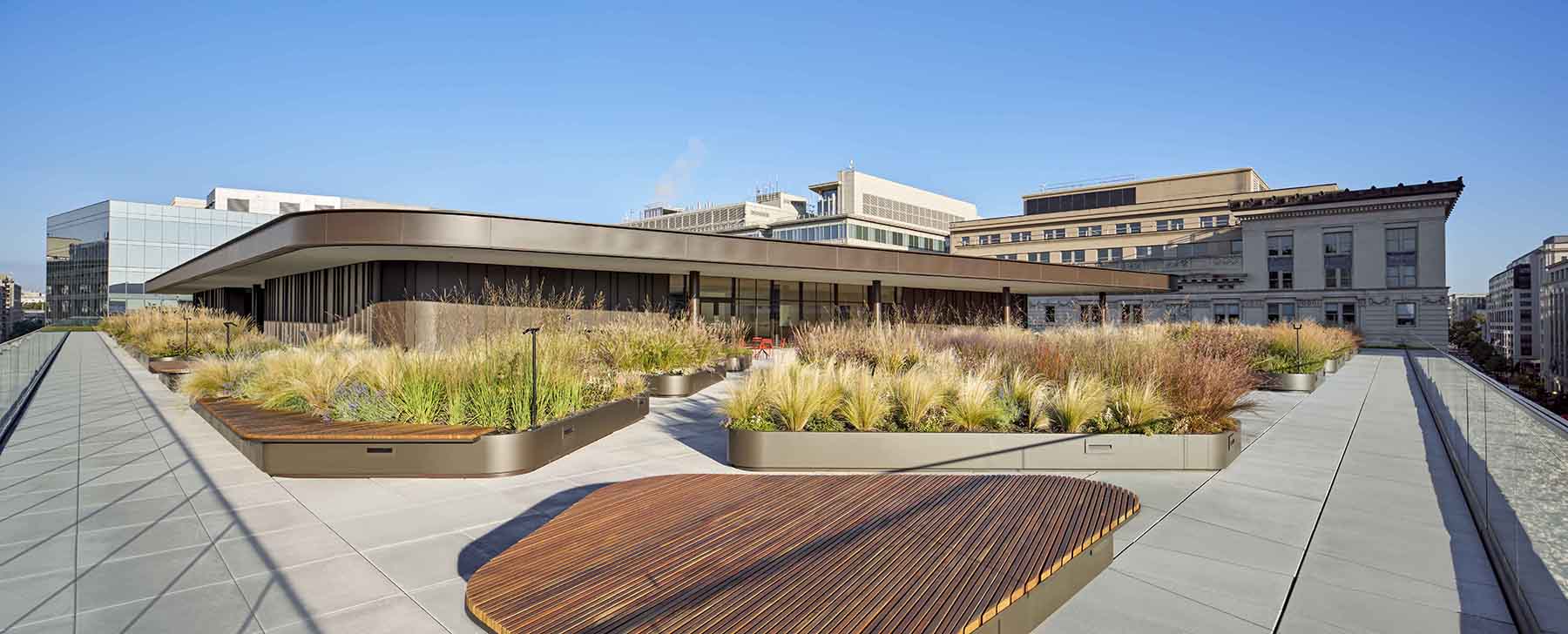 exterior shot of the rooftop deck and auditorium showing green spaces and benches