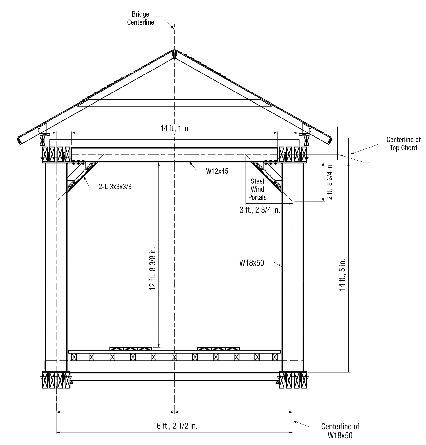 black and white drawing of a section of the bridge showing the steel wind portals