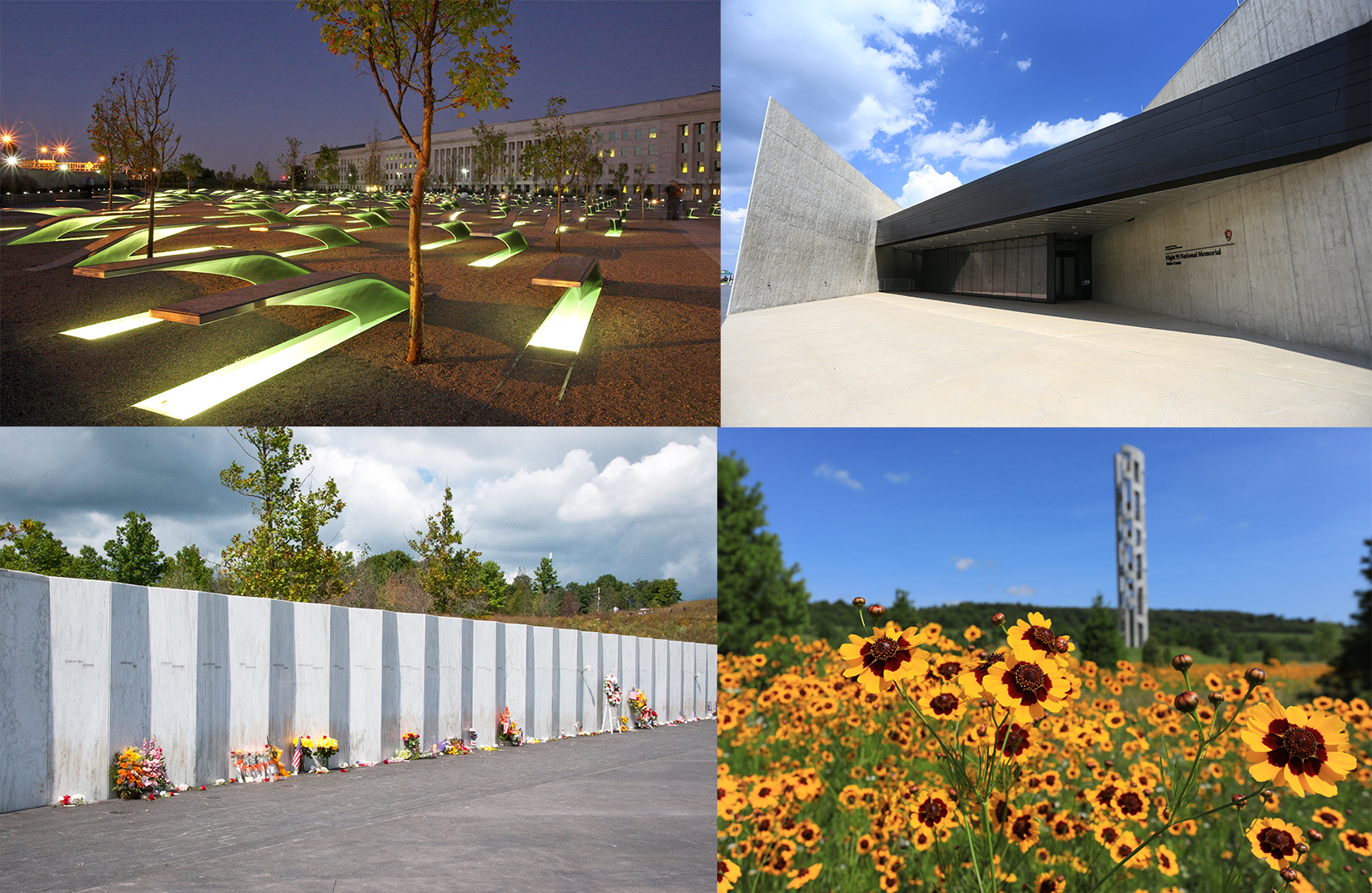 pictures of buildings and landscapes that are memorial sites for the Sept. 11 terrorist attacks