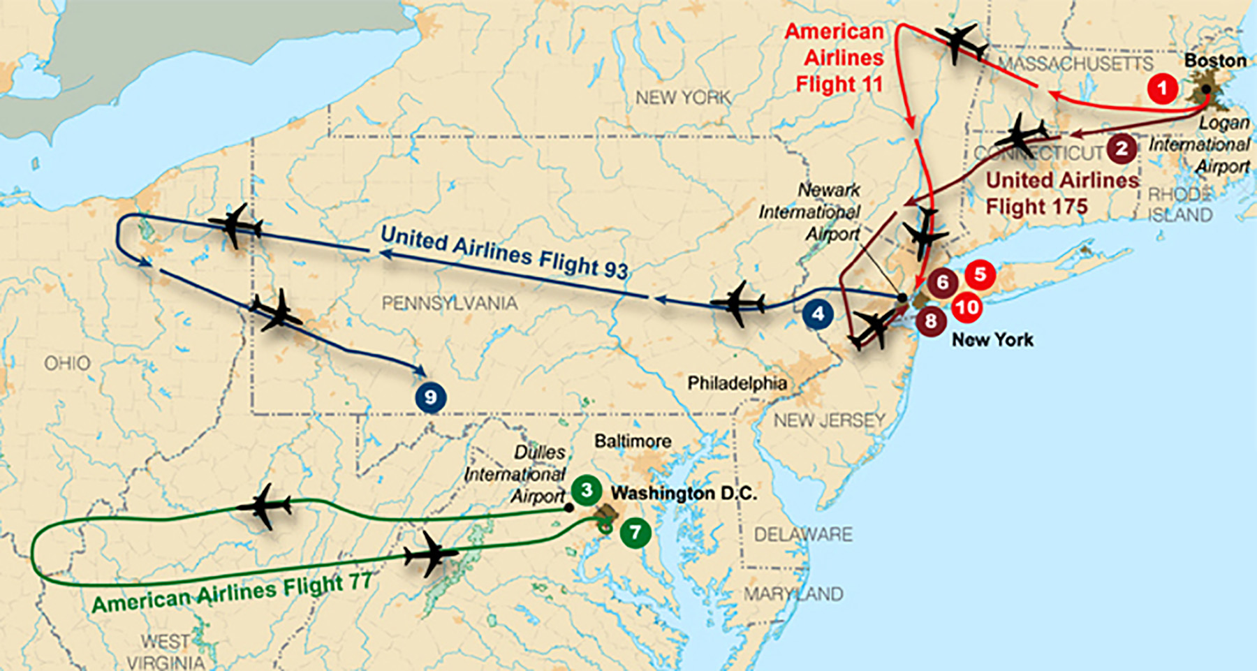 map showing flight paths of four airliners that struck different targets