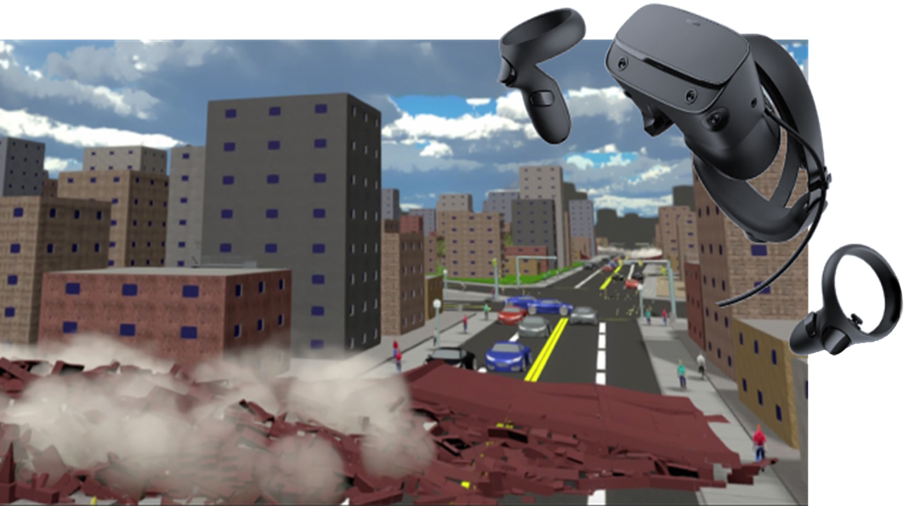 image showing buildings, cars, virtual reality equipment, and a road damaged by an earthquake