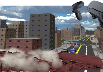 image showing buildings, cars, virtual reality equipment, and a road damaged by an earthquake