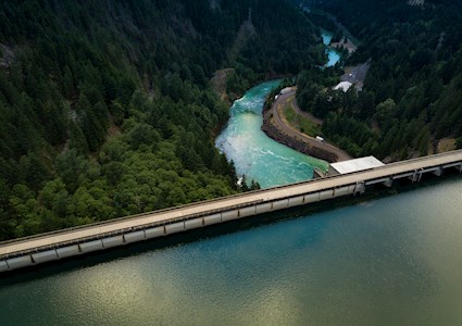 gravity dam, impounded water, and river