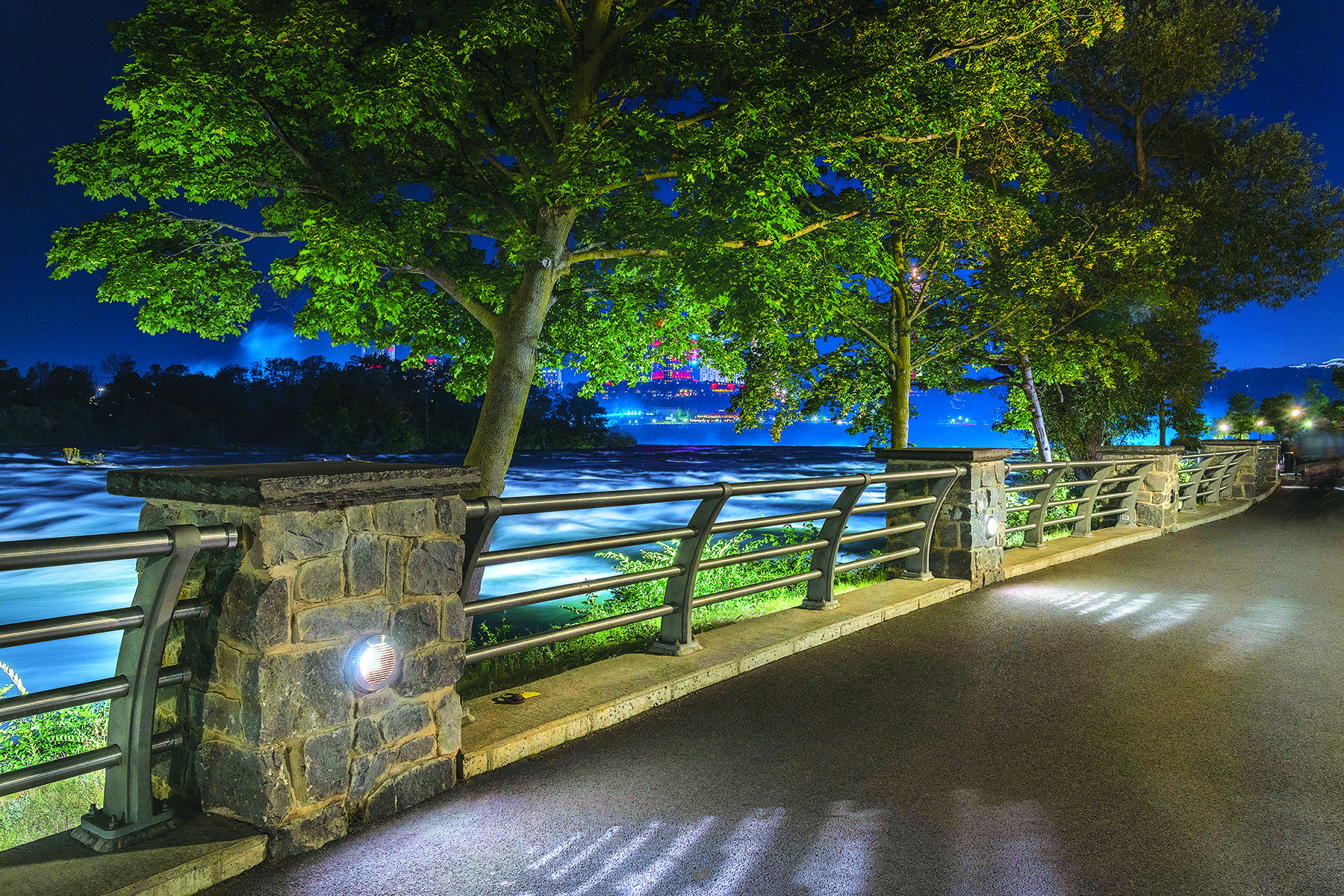 walkway at night with trees and water in the background