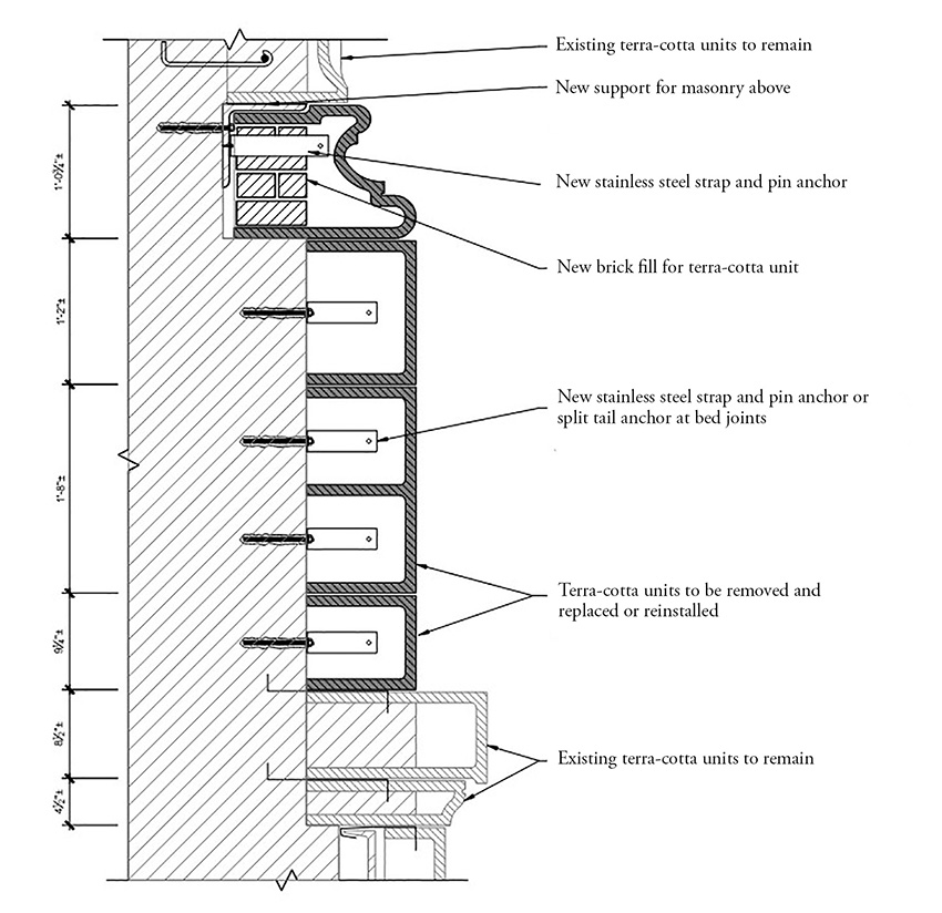 drawing of the repairs made to a column showing new and restored components