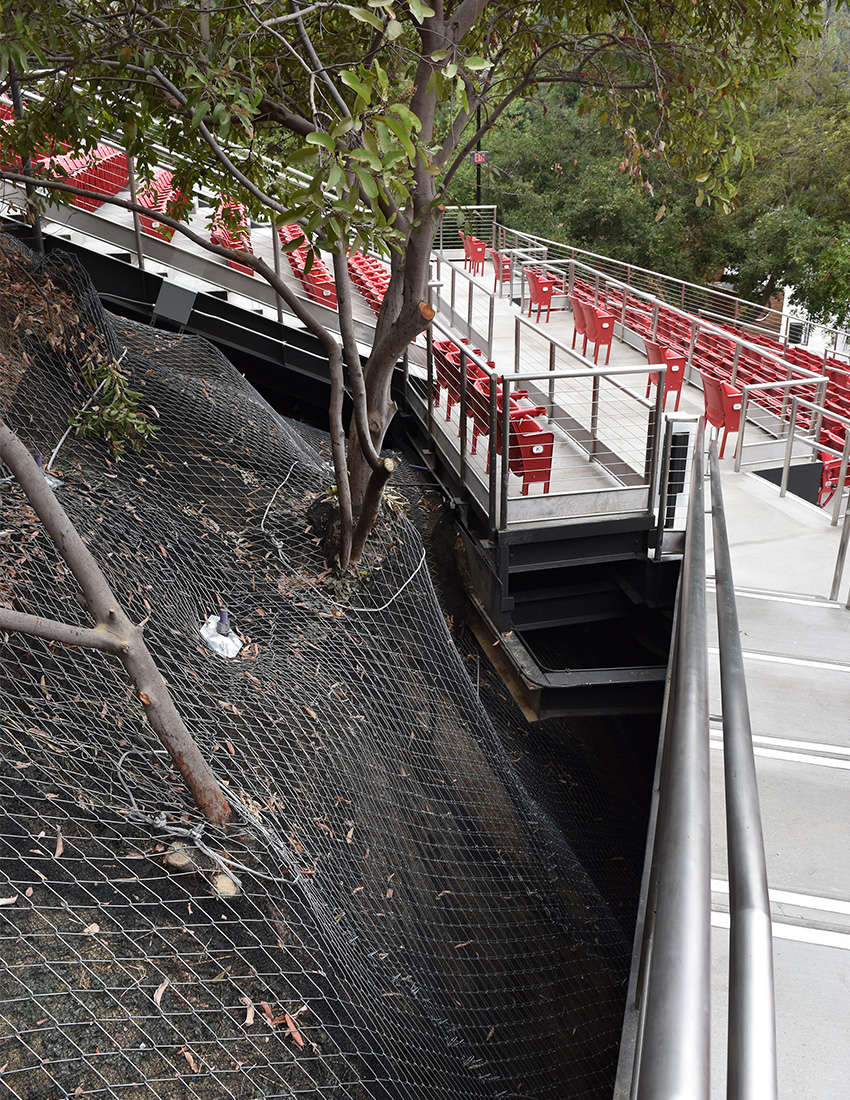 outdoor seating interspersed with trees