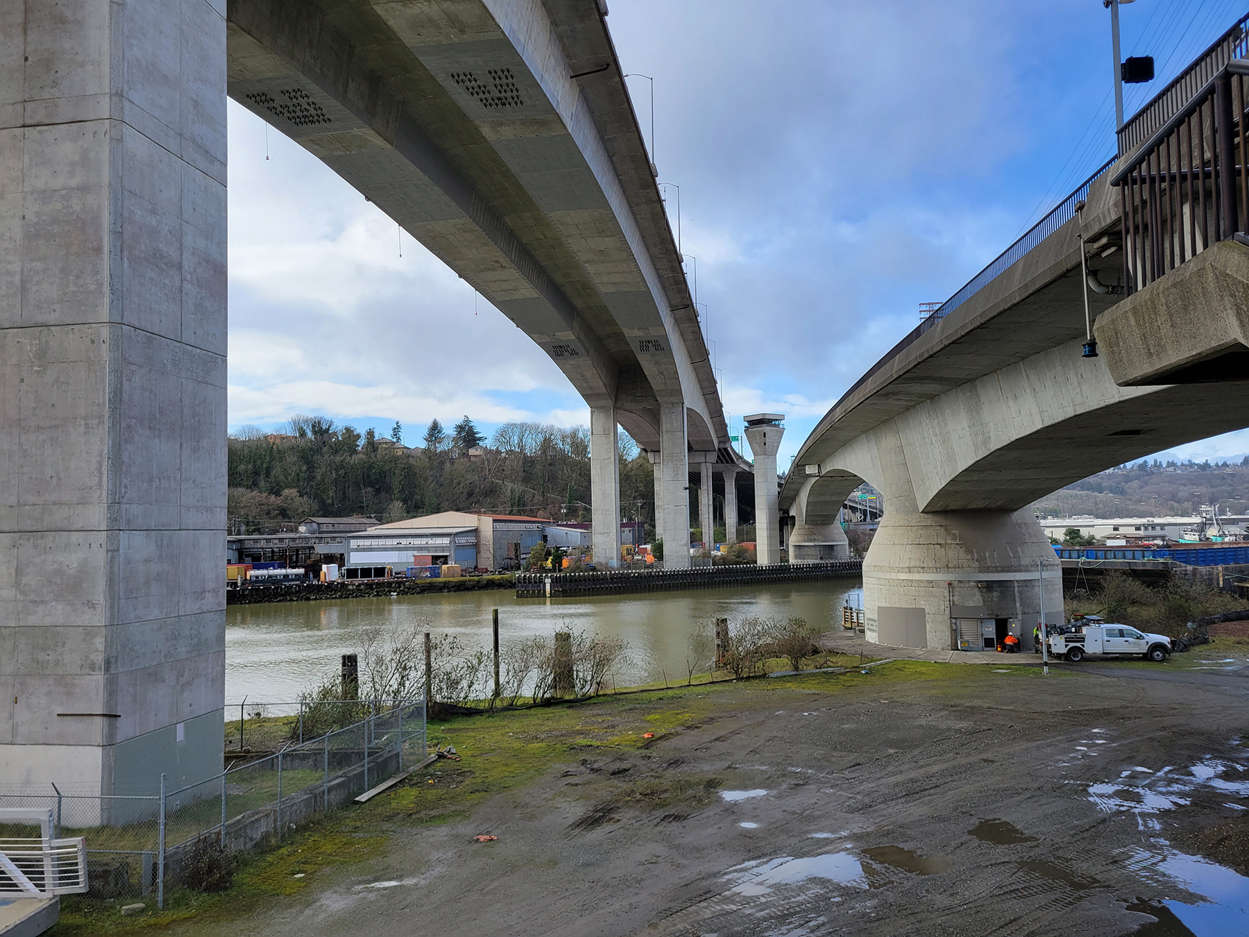 water level look at two bridge decks and piers