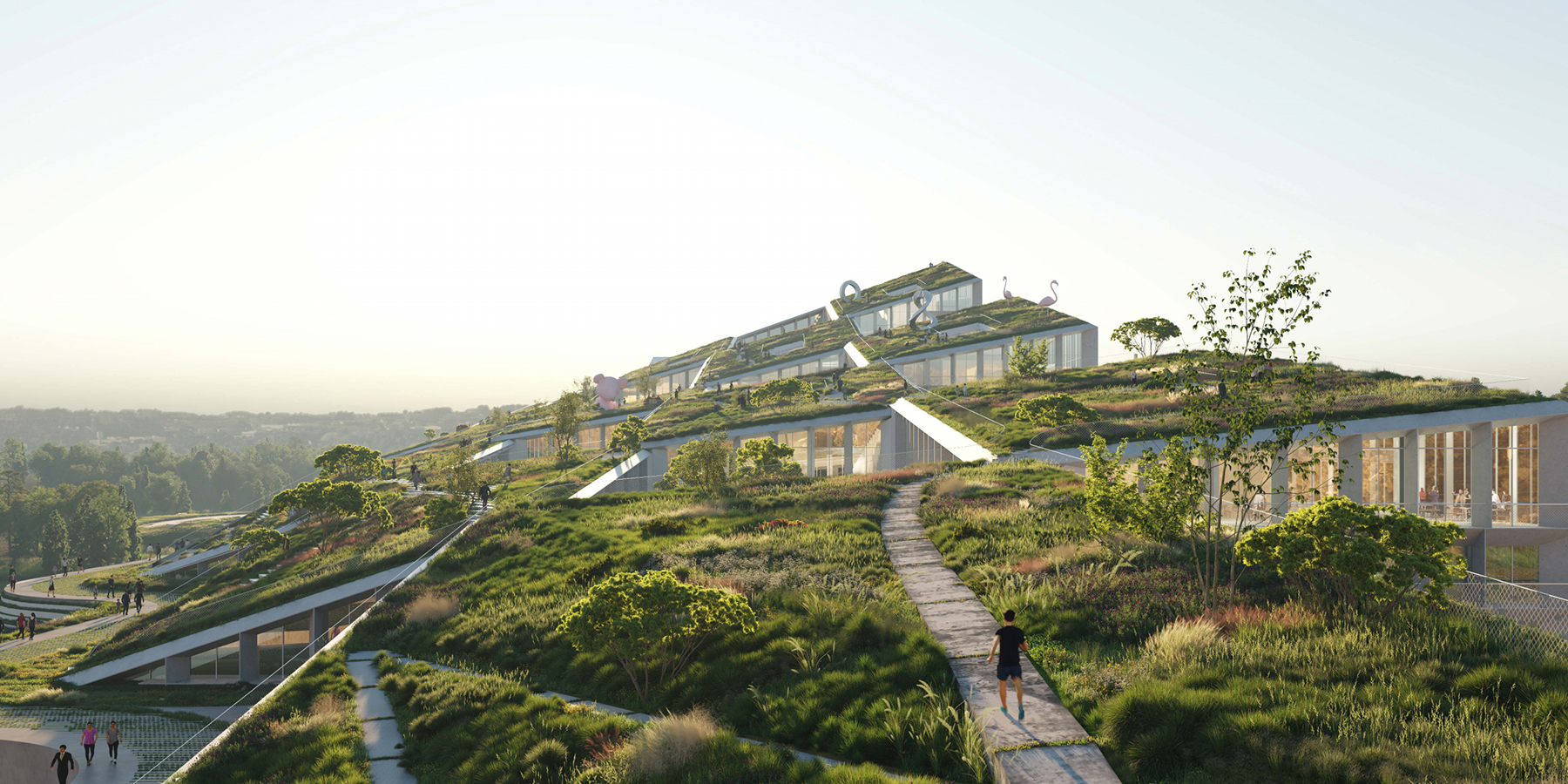 interconnected rooftops with a winding path