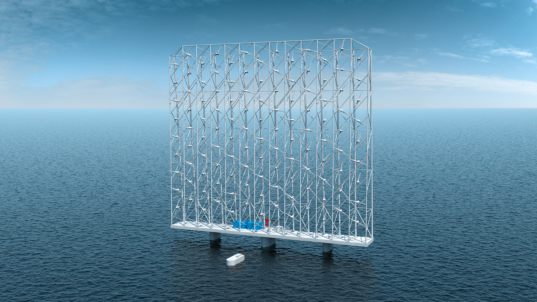 steel multistory lattice structure built on a platform that sits in the water. 