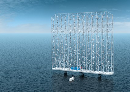 steel multistory lattice structure built on a platform that sits in the water