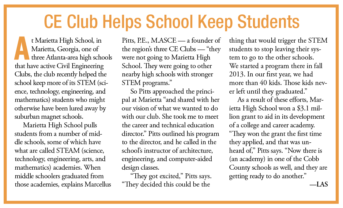 image shows a short article about how a Marietta, Georgia, CE Club helped its parent school retain more of its STEM students instead of sending them to other Atlanta-area high schools