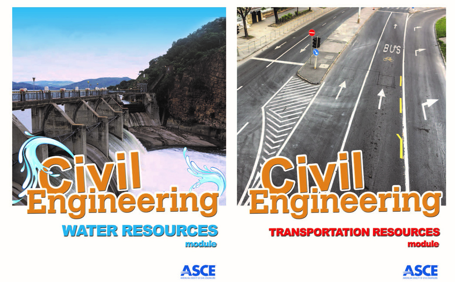 image shows screen shots of CE Club learning modules. the one on the left shows the water resources module that is represented by water flowing through a dam. The one on the right shows the transportation resources module that is represented by a multi lane road with the lanes painted with arrows and words denoting which direction to go.