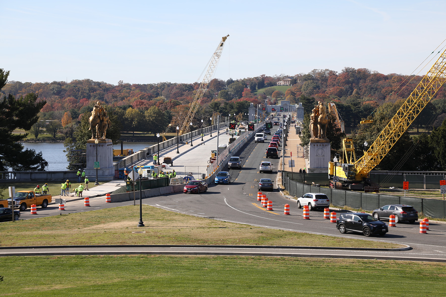 cars on a bridge while construction is in progress