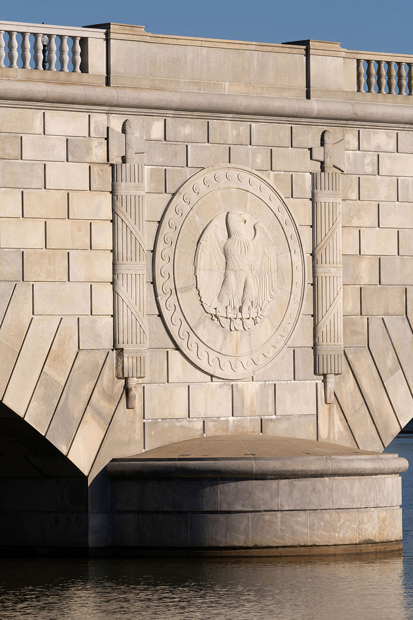 portion of a white granite bridge showing granite segments