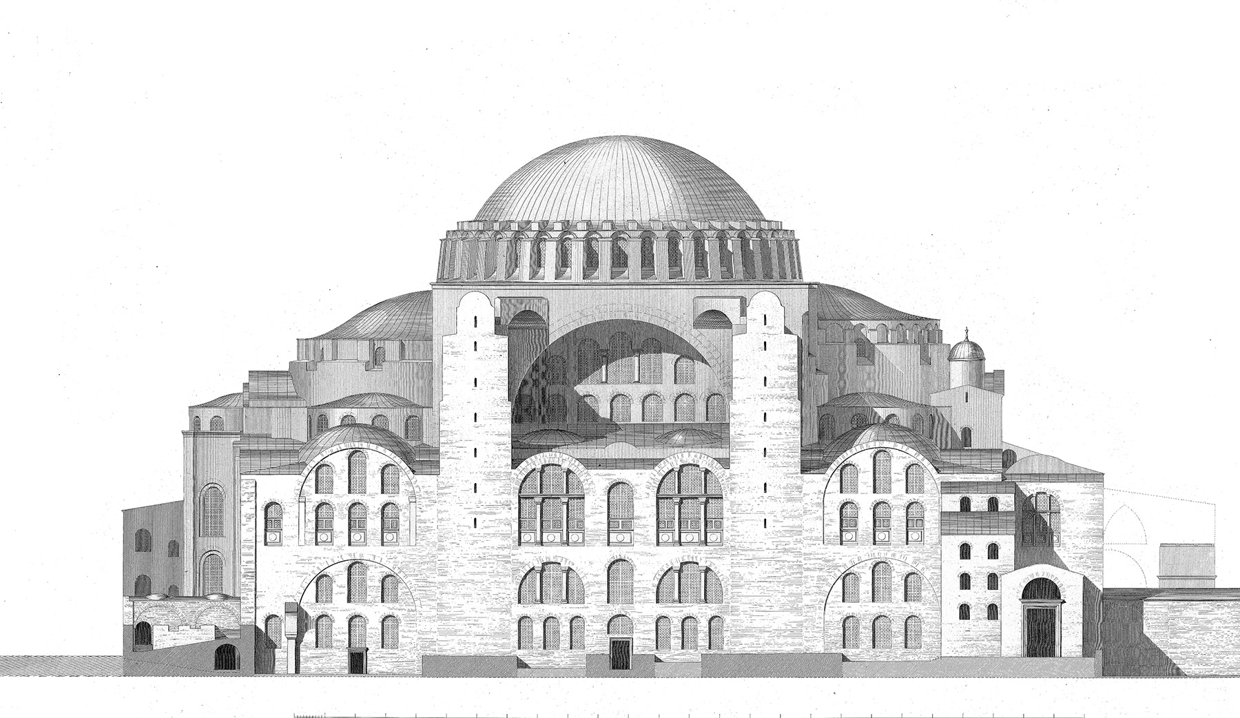 drawing of a square-like structure topped by a central dome that is flanked by two half domes and buttresses that support two wide arches