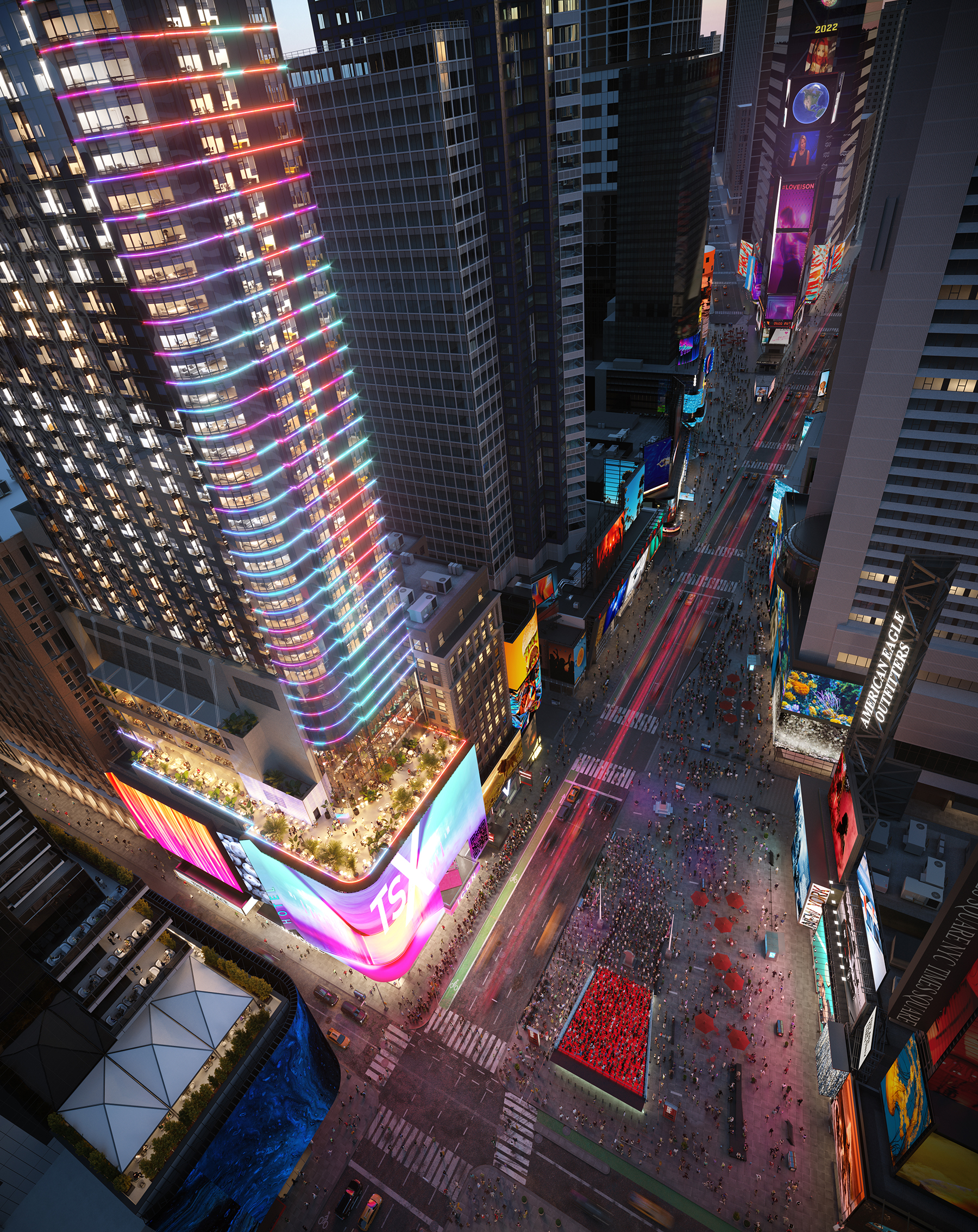 AERIAL LOOKING DOWN AT EDGE OF BUILDING AND TIMES SQUARE