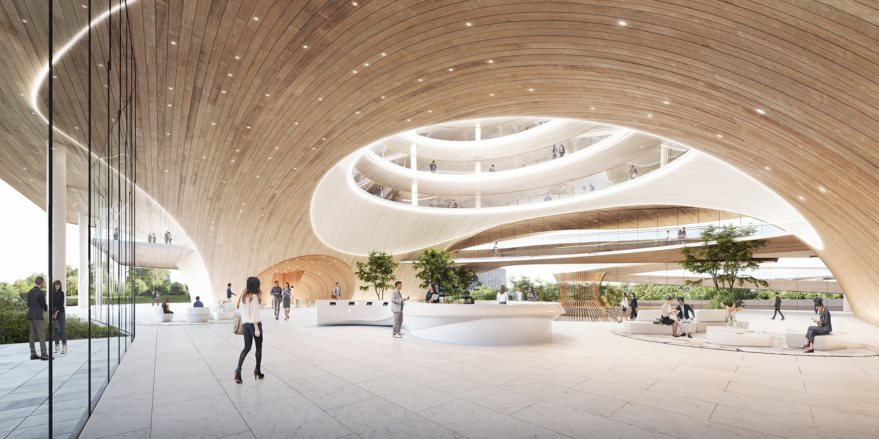 interior with sweeping ceilings and wood cladding