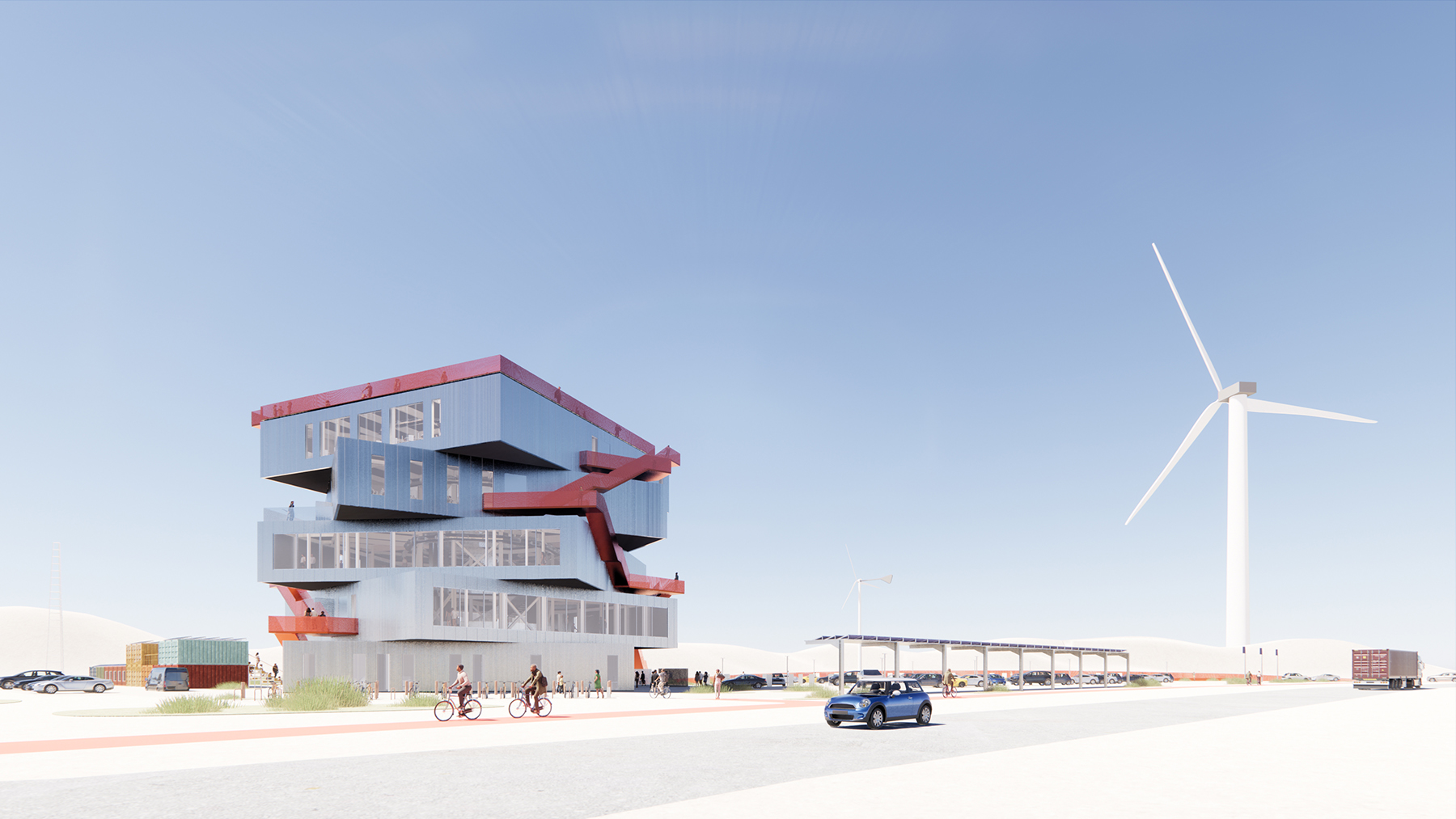 EXTERIOR OF STACKED BUILDING WITH WIND TURBINE