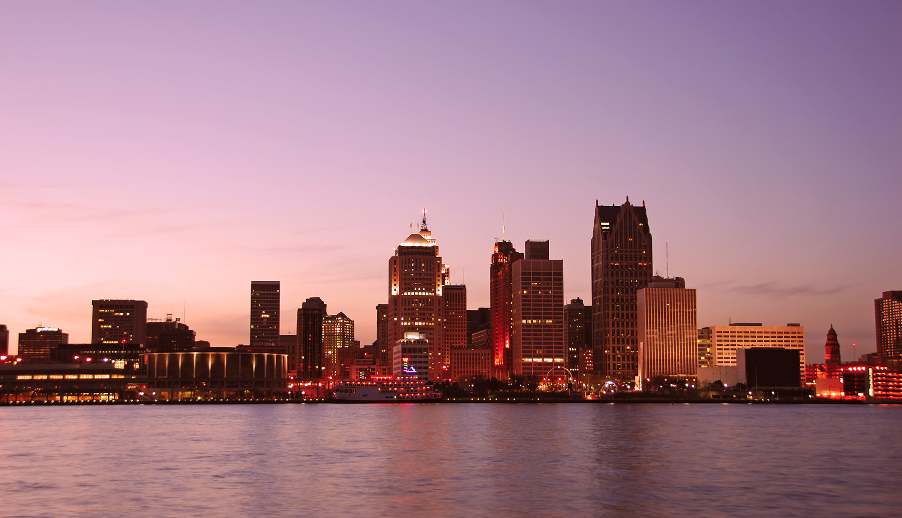 Detroit, Michigan, USA downtown cityscape from at twilight