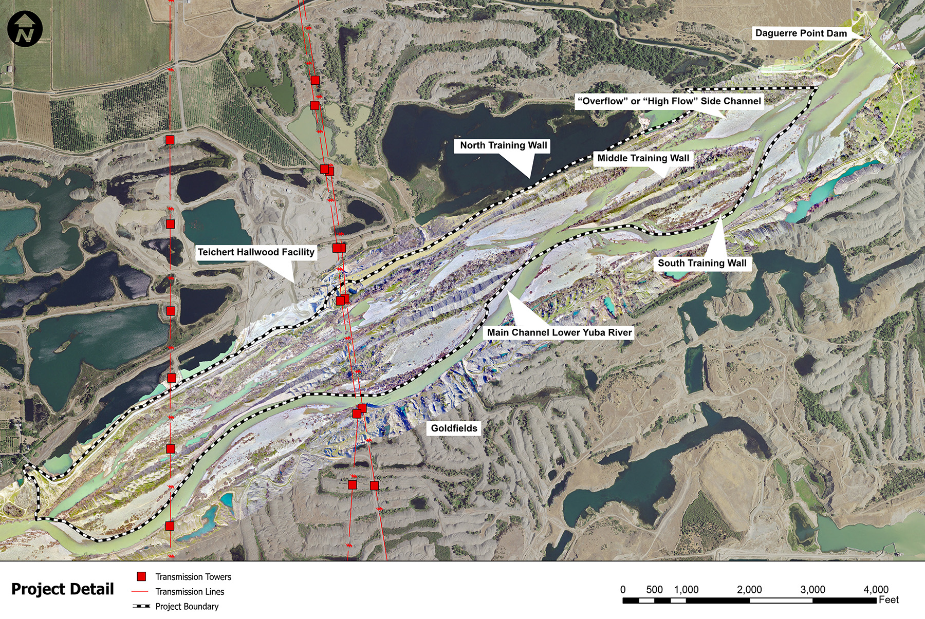 topographical map that shows different sections of a project site including buildings, channels, fields, a river, and earthen embankments or training walls