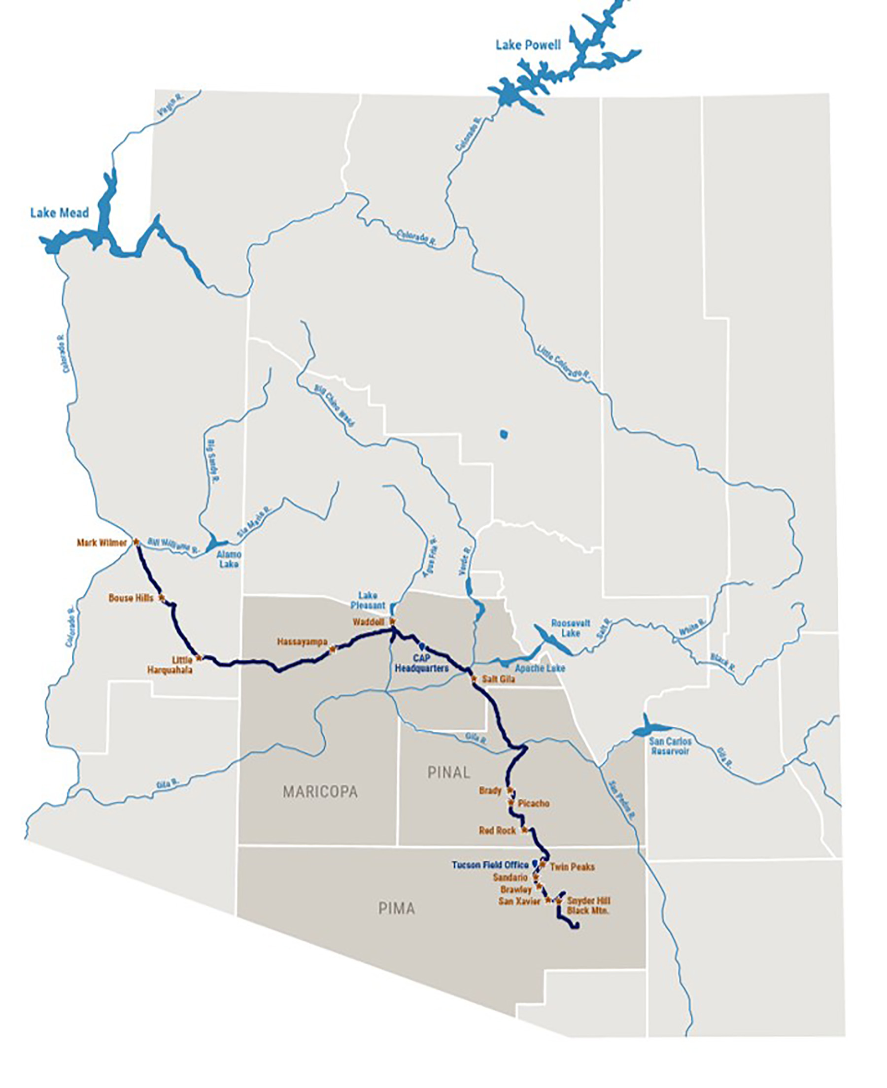 map that shows the regions of Arizona the water canal serves