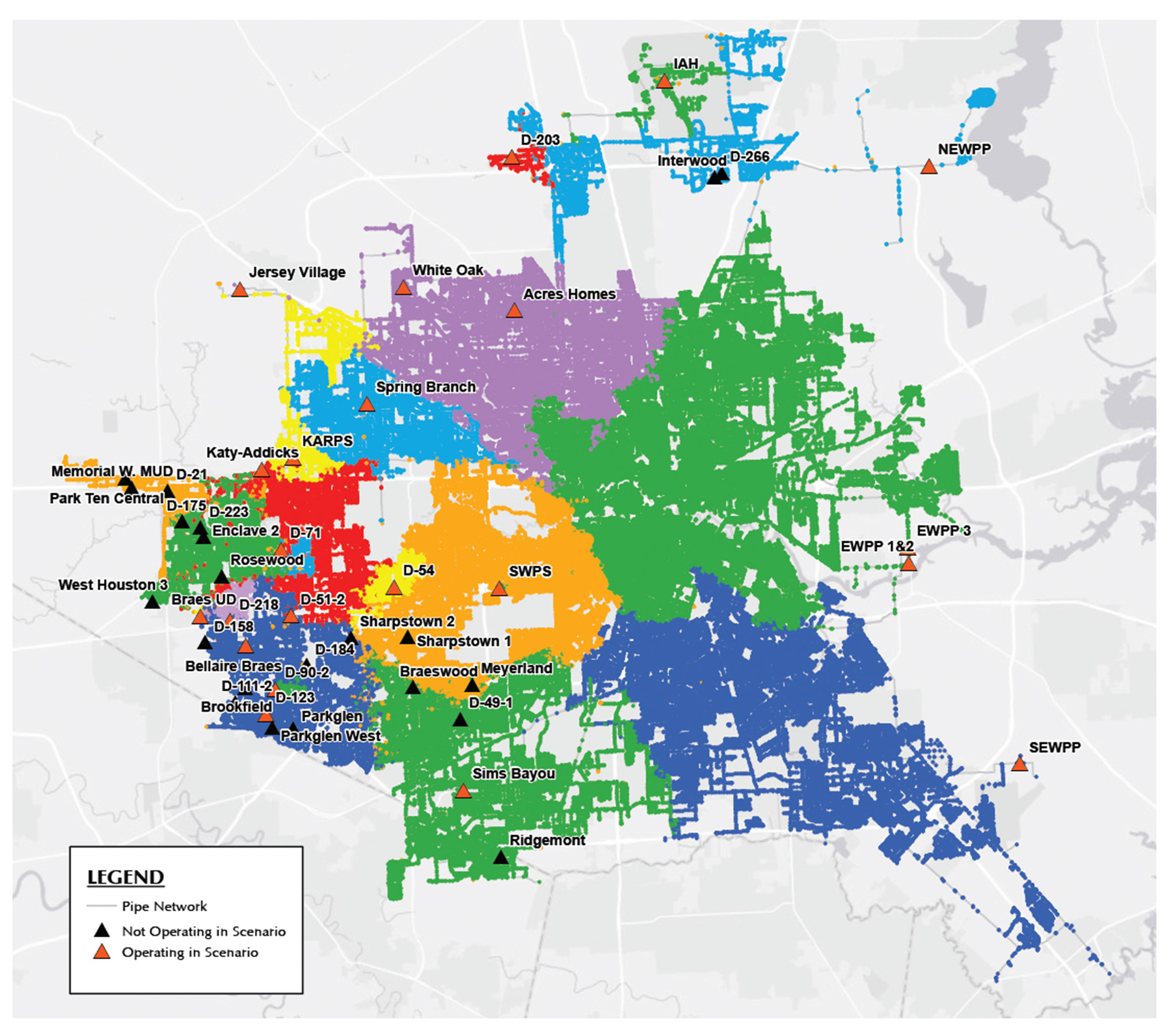 digital twin map of Houston’s water pipes divided by regions that shows which pipes are in service and which are not