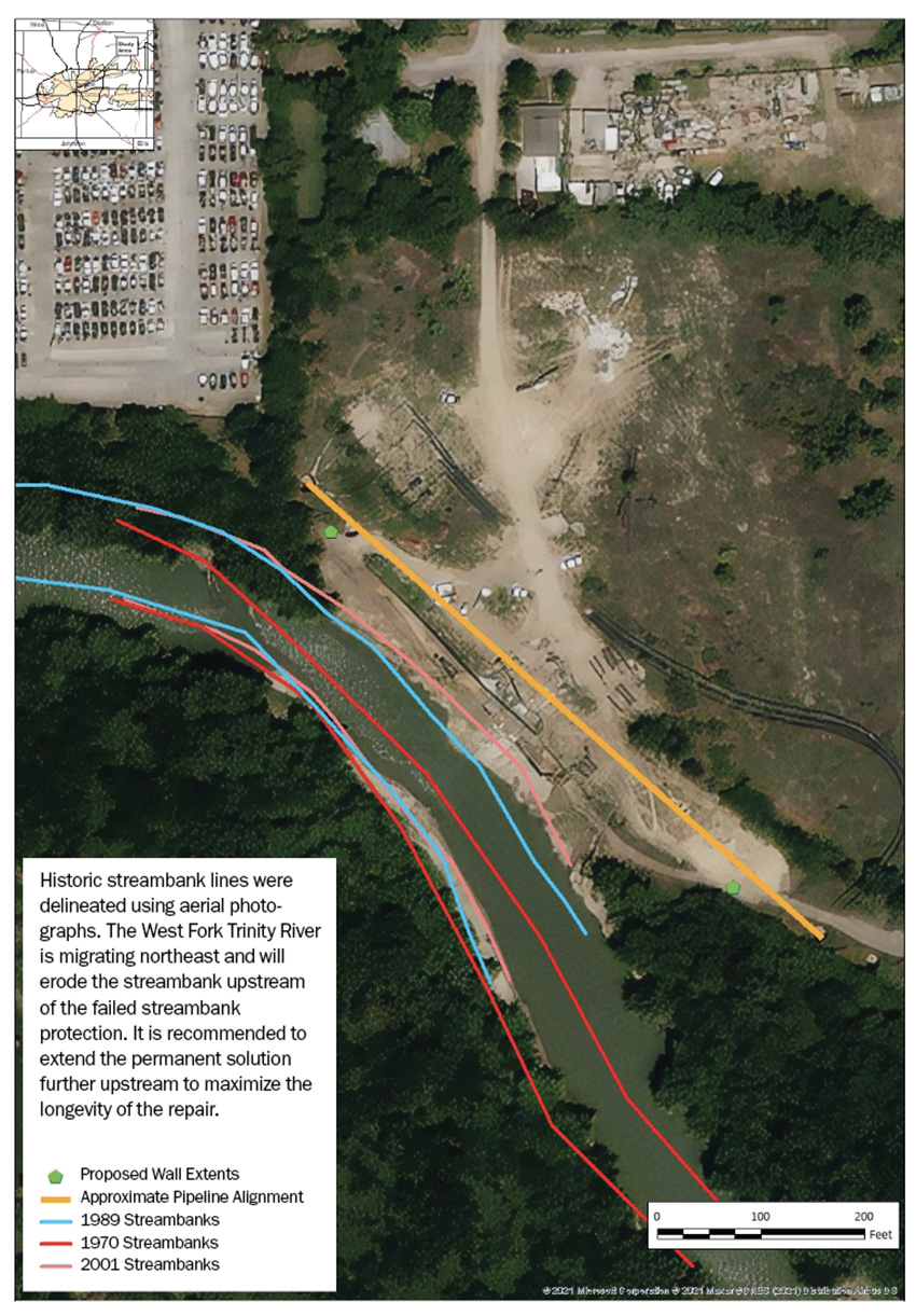 Map that shows historic streambank lines in different years