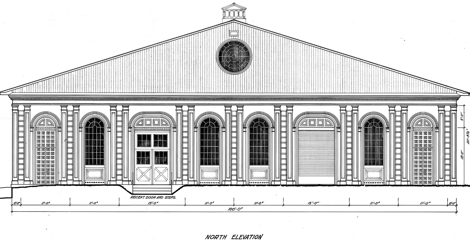 drawing of a building’s north elevation showing four windows and one door. the building has a triangular roof