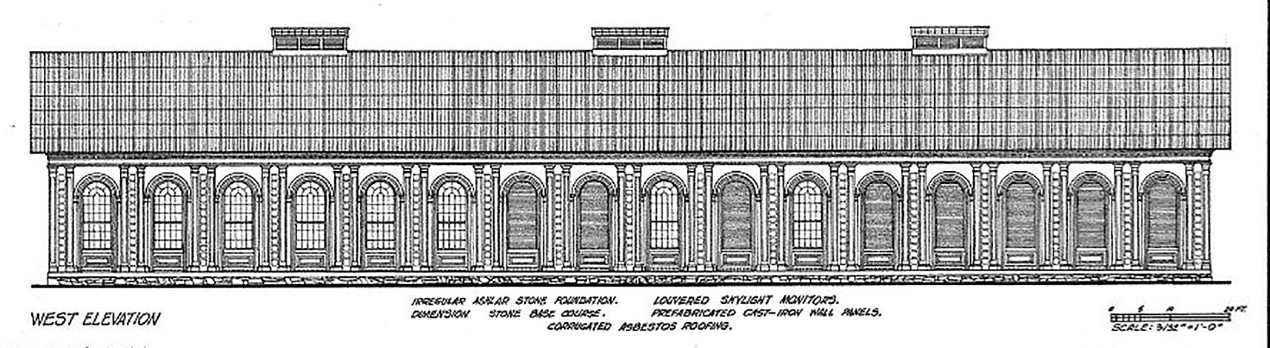 drawing of a building’s west elevation showing many windows