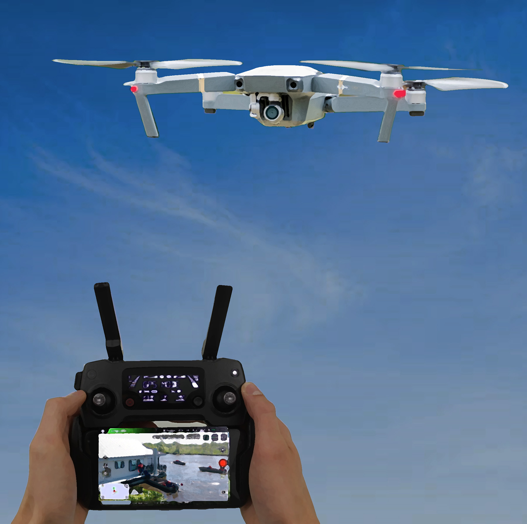 image shows an electronic device that does aerial searches at the top and at the bottom are hands holding another electronic device that controls the device at the top