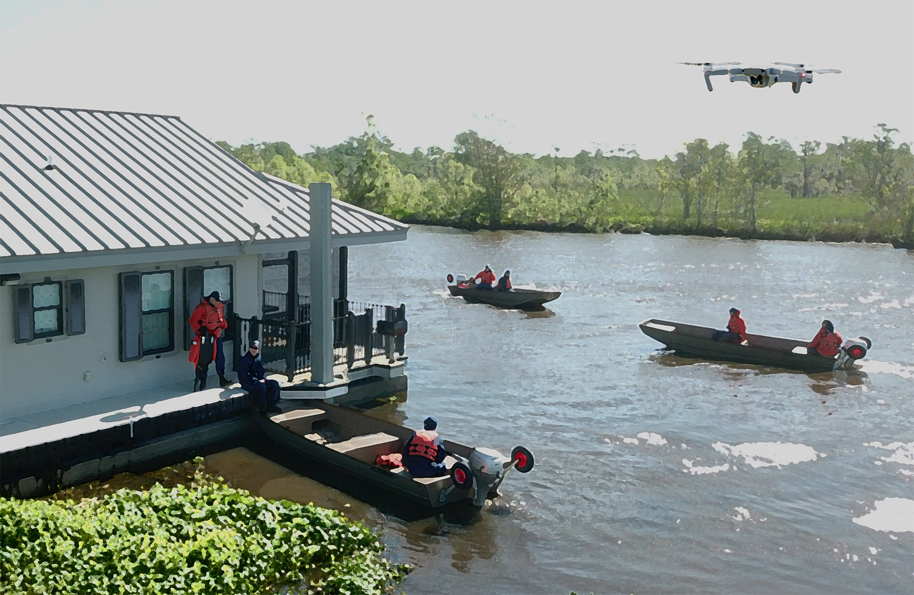 image shows people in boats wearing life jackets surrounded by greenery 