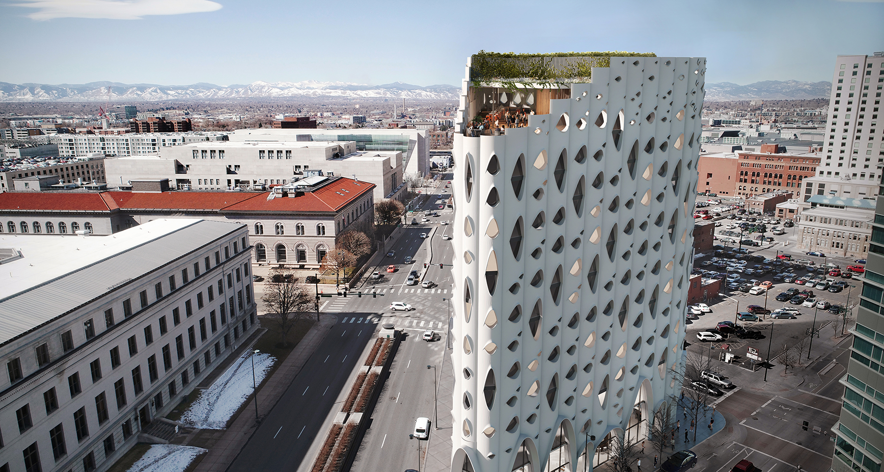 aerial of exterior of hotel and roof