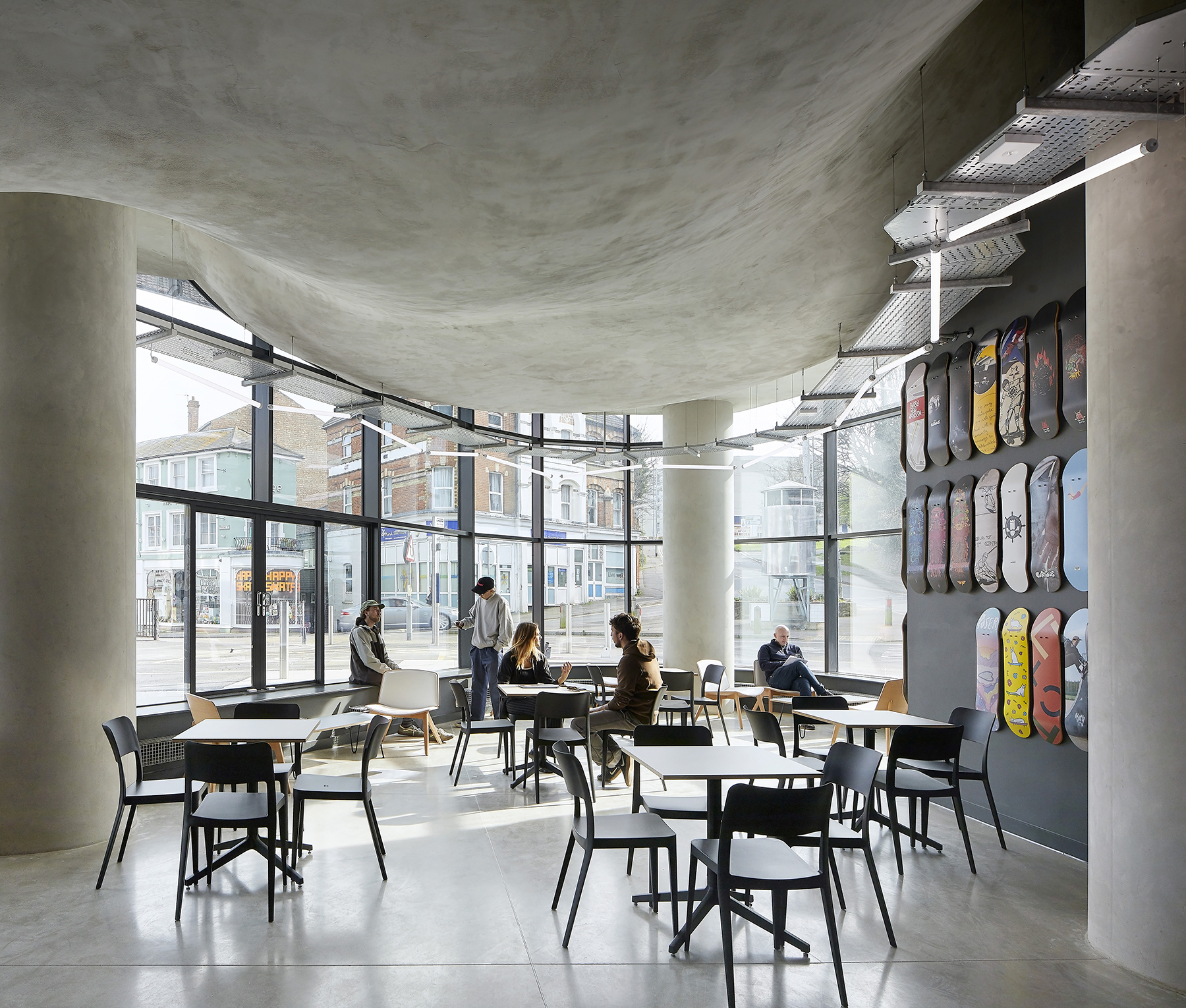cafe with ceiling showing underside of skate bowls