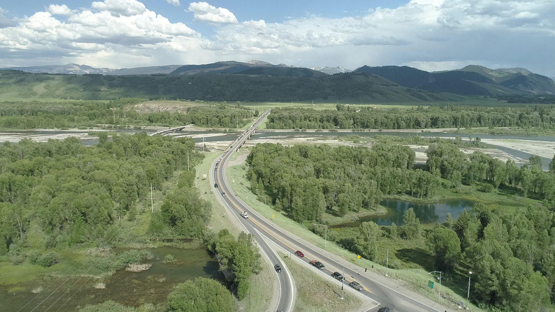 aerial of snake river bridge, wy