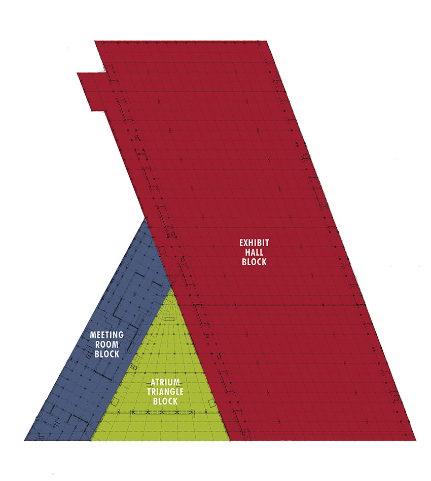 Drawing that shows the three blocks that constitute this convention center expansion: meeting room in blue, atrium triangle in green, and exhibit hall in red 