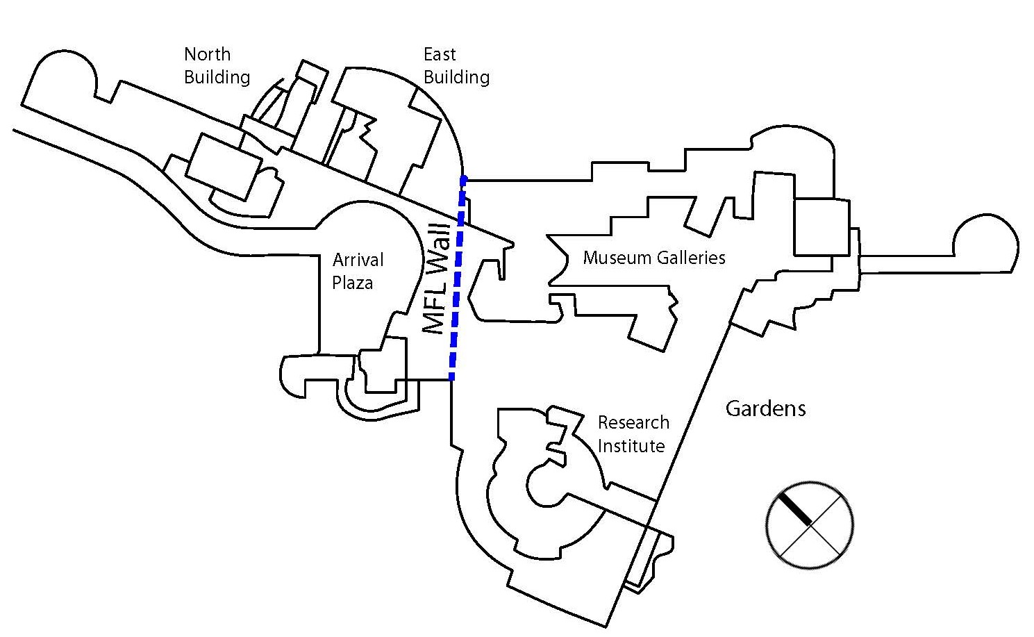 Drawing showing parts of a museum and a wall sandwiched between two sides of a building. This wall is made of reinforced concrete and concrete blocks