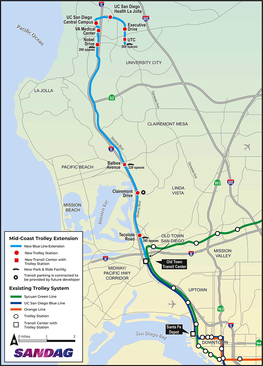 Map shows the extension of a train line. It is depicted by a blue line and red dots denote stations.