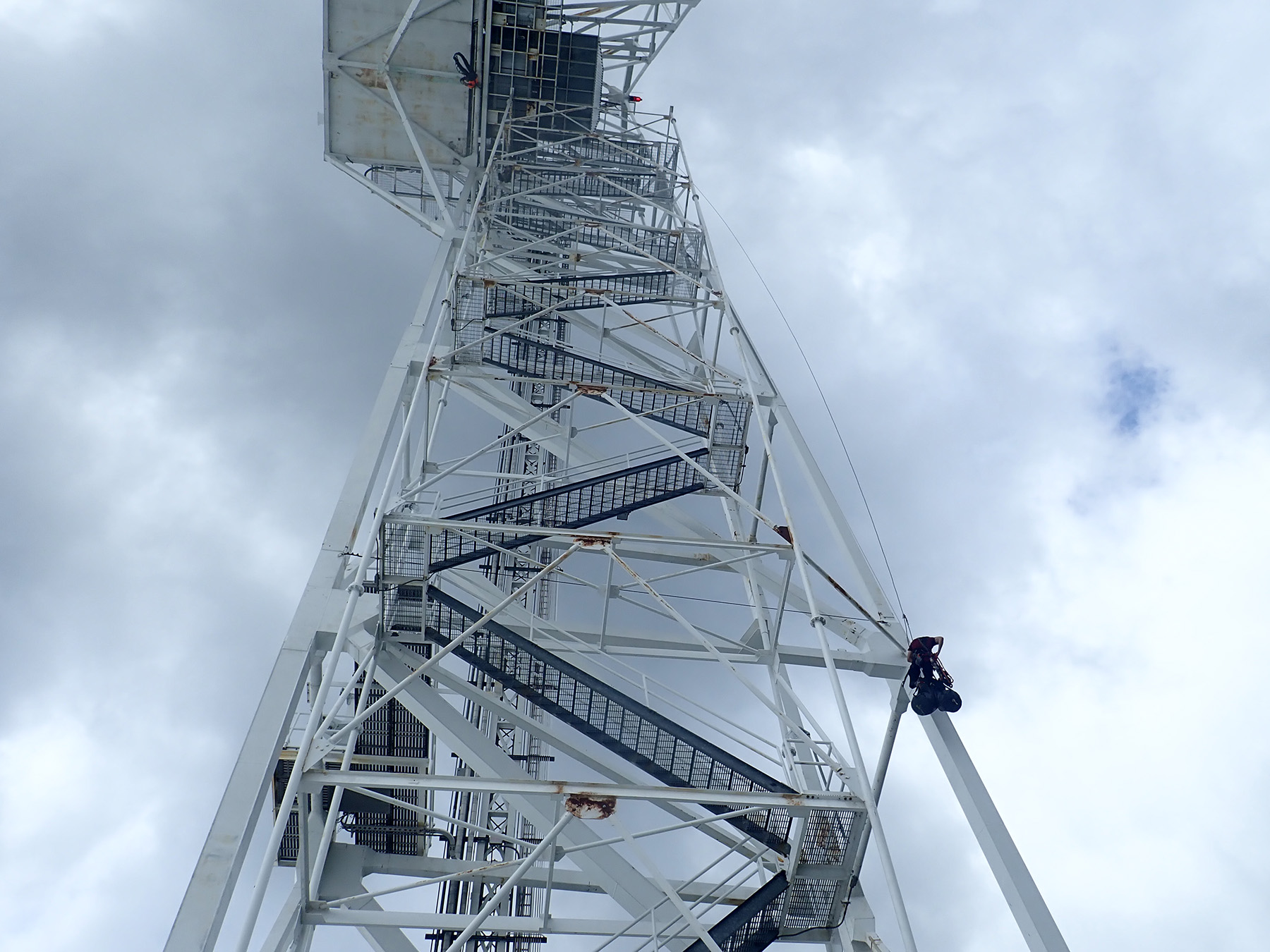 Tall tower ladder that is white with black steps.